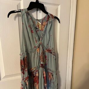 Free People Light Green Floral Slip Dress with Red & Yellow Print